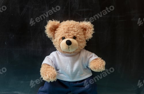 Preview: Cute teddy bear, school black chalkboard background.