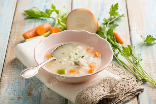 Preview: rice soup with carrots celery onion and parsley