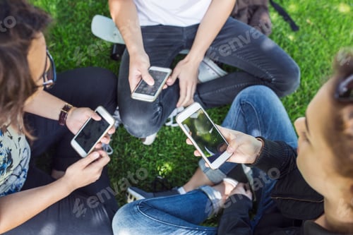 Preview: High angle view of teenage girls and teenage boy sitting on grass and using smart phones