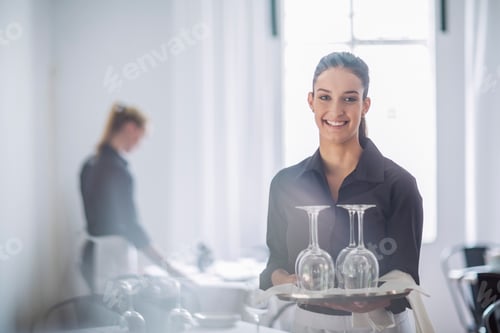Preview: Waitresses setting table in restaurant