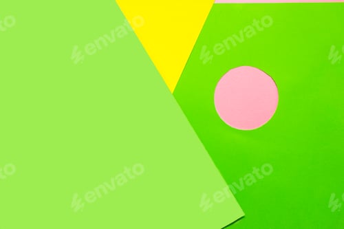 Preview: Abstract geometric shapes and lines green, yellow, pink color paper texture background. Top view