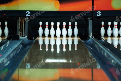 Preview: Bowling pins reflecting in bowling alley lane