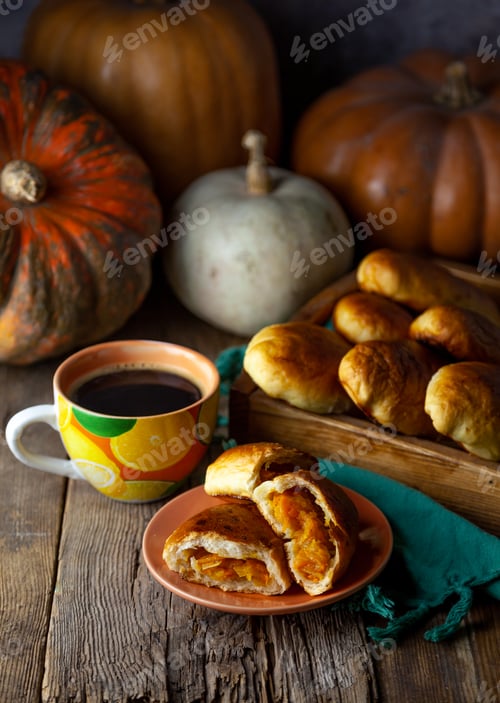 Preview: Pumpkin patties. Autumn food. You are on the table. A treat for Halloween. Still life. Sweet