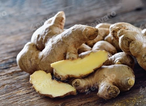 Preview: Fresh ginger root on wooden background
