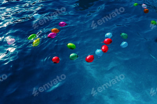 Preview: Colorful plastic water balloons floating in a pool to play on vacation to cool off.