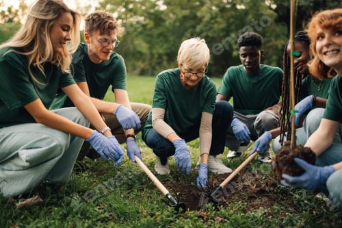Preview: Group of volunteers planting trees in park