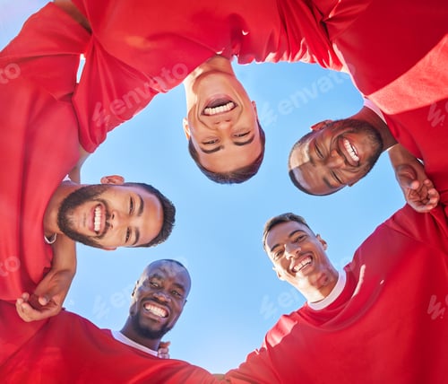 Preview: Team, soccer and men huddle portrait excited for match day with motivation and smile together. Dive