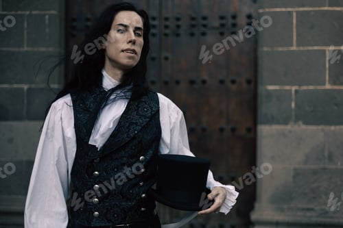 Preview: handsome gothic vampire with long black hair at the bottom of the wooden door of his castle
