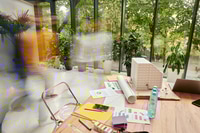 Preview: long exposure of devoted smart coworkers walking in office in blurred motion, startup concept