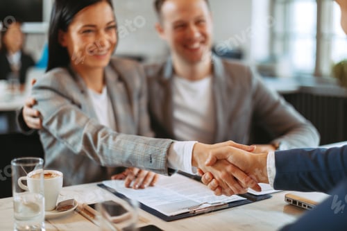 Preview: Young business couple make a deal and shake hands