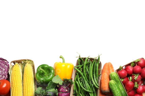 Preview: Assortment of fresh vegetables on white background, top view. Space for text