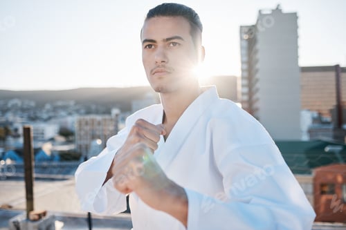 Preview: Karate, fitness and focus with a sports man in the city for self defense training or a combat worko