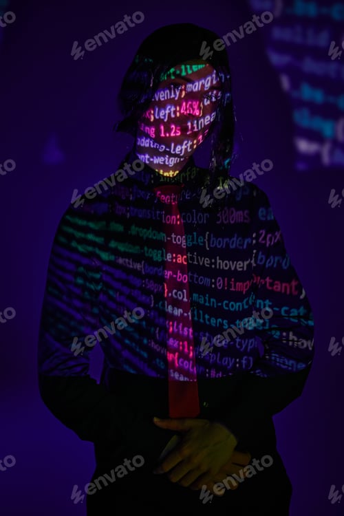 Preview: young student in uniform in neon light with programming symbols on dark blue backdrop, cosplayer