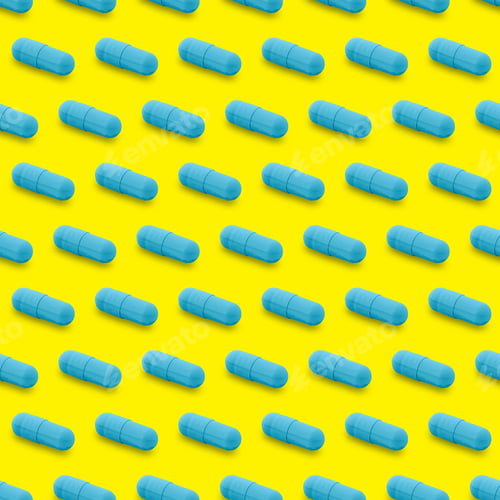 Preview: Gel capsule seamless pattern. Blue capsule drug, pharmacy concept. food supplement, on yellow