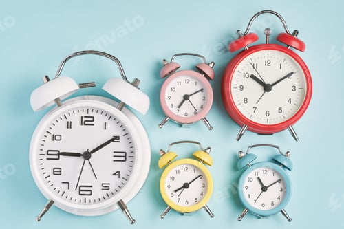 Preview: Collection of alarm clocks. Start of the day, waking up, morning, different time zones.
