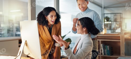 Preview: Business, team and high five for news of success in office with collaboration or support for sales