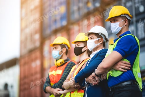 Preview: worker group with engineer, foreman, and manager are wearing medical protection face mask