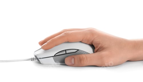 Preview: Woman using computer mouse on white background
