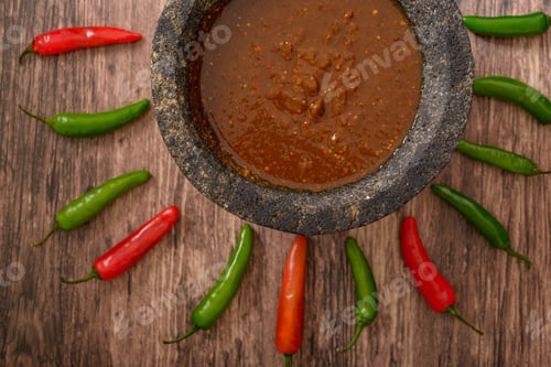 Preview: Molcajete with hot sauce on wooden table with chili peppers around.