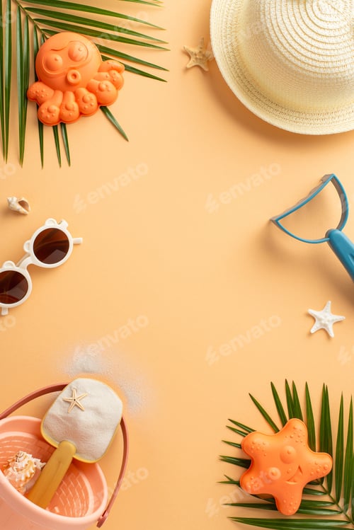 Preview: Top vertical view of summer holiday essentials with playful beach toys, sunglasses