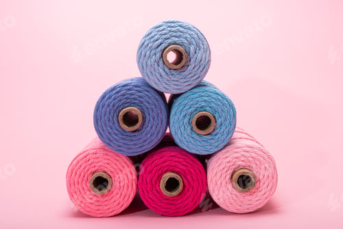 Preview: Stacked spools of macrame yarn in pink and blue tones arranged against a soft pink background