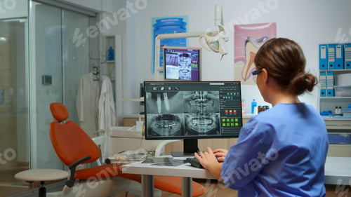 Preview: Stomatological nurse inviting patient in dental room
