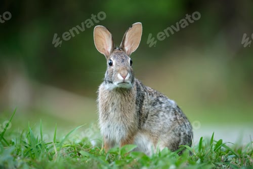 Preview: Grey small hare eating grass on summer field. Wild rabbit in nature