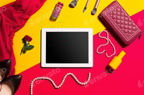 Preview: Fashion Accessories with Tablet Device on Colorful Background