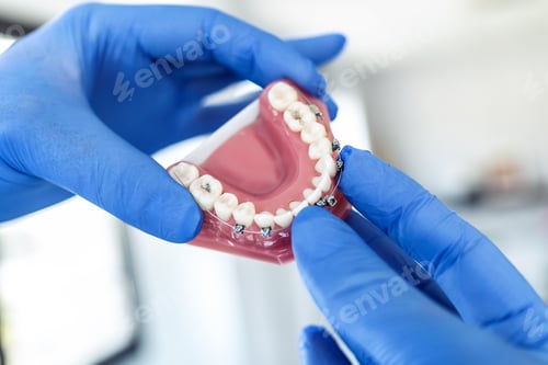 Preview: doctor hold an artificial model of the jaw with invisible braces.