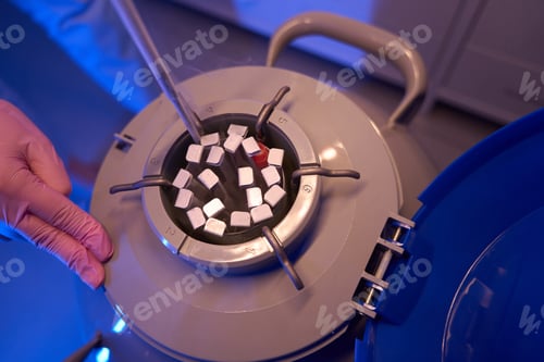 Preview: Scientist placing biological specimens into cryogenic container for preservation