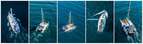 Preview: collage of five views of aerial ships boats and yachts on the sea, wide banner