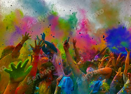 Preview: Happy people drenched in bright colors celebrating good over evil at annual Holi Festival, Krishna.