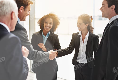 Preview: Cropped shot of two businesspeople shaking hands while their colleagues look on
