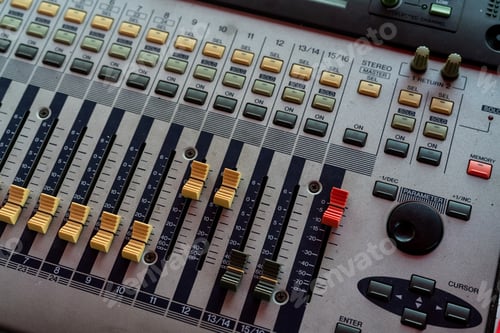 Preview: Audio sound mixer console. Sound mixing desk. Music mixer control panel in recording studio. Audio