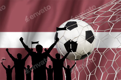 Preview: Silhouettes Of Soccer Fans With Flag Of Latvia .Cheer Concept