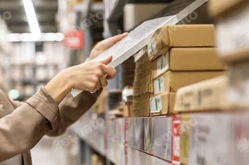 Preview: Close up of female customer picks up goods in store warehouse, side view. Shopping concept