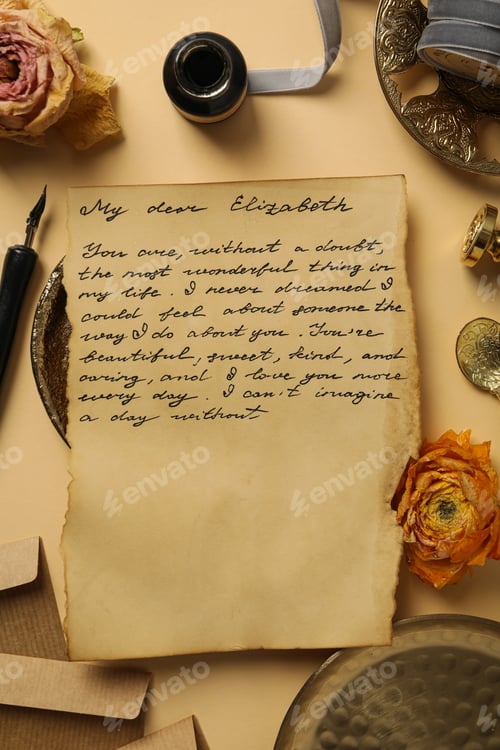 Preview: Letter with text, roses and vintage plates on beige background, top view