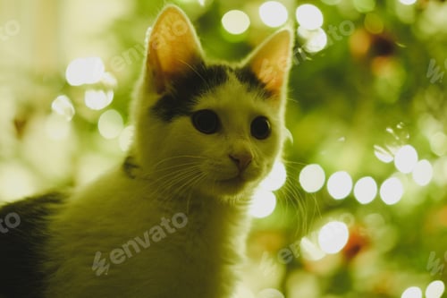 Preview: a white cat is sitting by a christmas tree in the light
