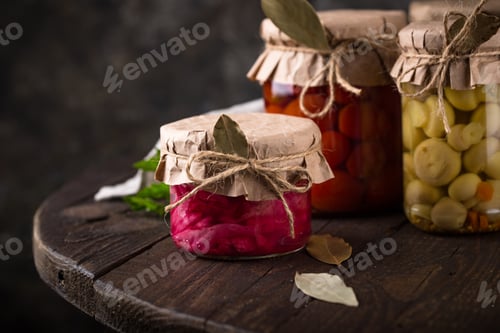 Preview: Pickled vegetables in glass jars.