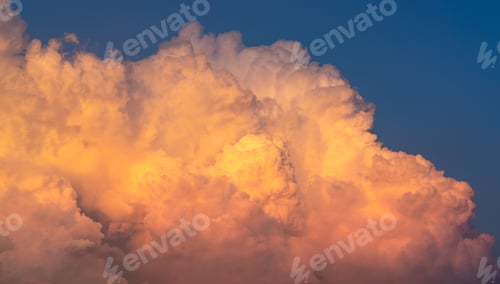 Preview: Blue sky and white fluffy clouds on sunset sky. White cumulus clouds. Dramatic sky and clouds