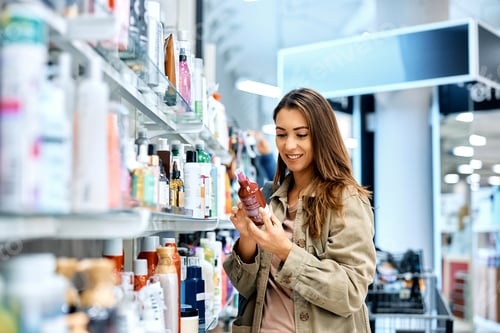 Preview: Happy woman reading label on skin care product while shopping at the mall.