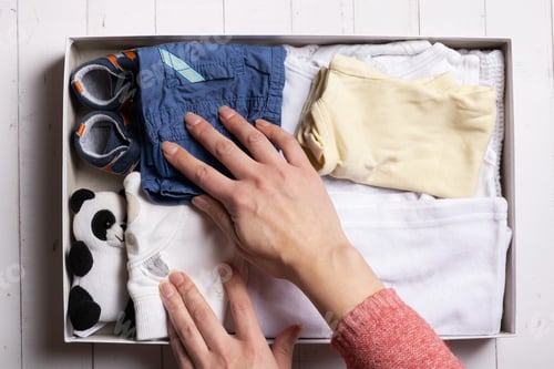 Preview: Female hands put children's clothes, shoes and toys into box. Second hand, clothing recycling