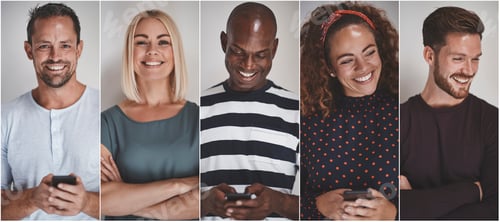 Preview: Collage of group of ethnically diverse entrepreneurs smiling