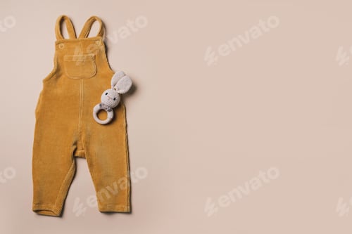 Preview: Knitted mustard color romper, wooden toys, teether, crocketed toy. Set of baby stuff, accessories