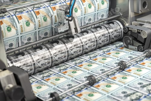 Preview: Printing money dollar bills on a print machine in typography.