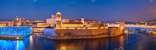 Preview: Marseille Old Port and Fort Saint-Jean in night. France