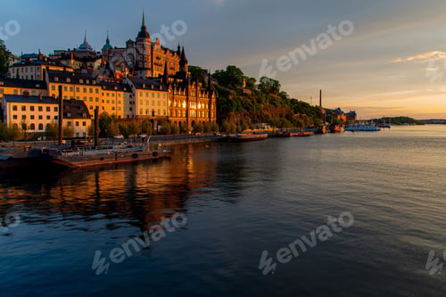 Preview: Beautiful view of Sodermalm island harbor during sunset in Stockholm, Sweden