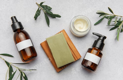 Preview: Natural cosmetics bottles, soap and cream surrounded by olive branches on marble background