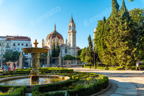 Preview: San Manuel y San Benito Parish seen from the Retiro Park in the city of Madrid. Spain in summer