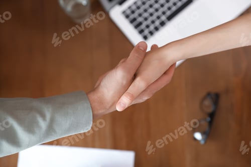 Preview: Business partners shaking hands over table after meeting, top view